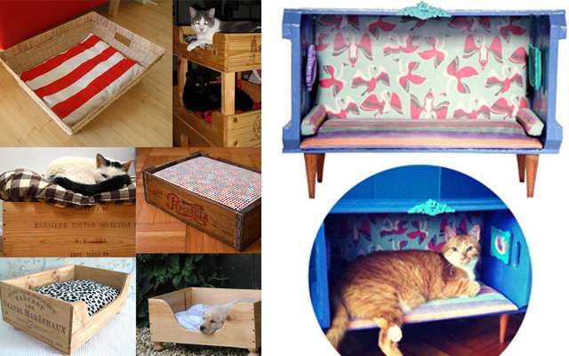 Até os pets sairam ganhando! É possivel fazer aconchegantes casinhas para os gatos com caixotes de feira reaproveitados (Le Modiste)
