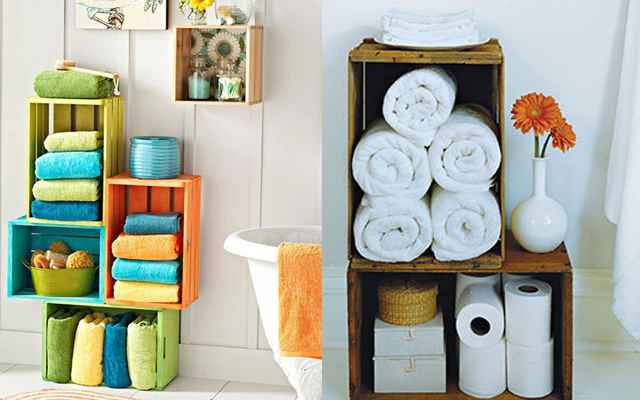 Os caixotes também têm espaço no banheiro - uma ideia é utilizá-los para organizar as toalhas (Reprodução/Internet)