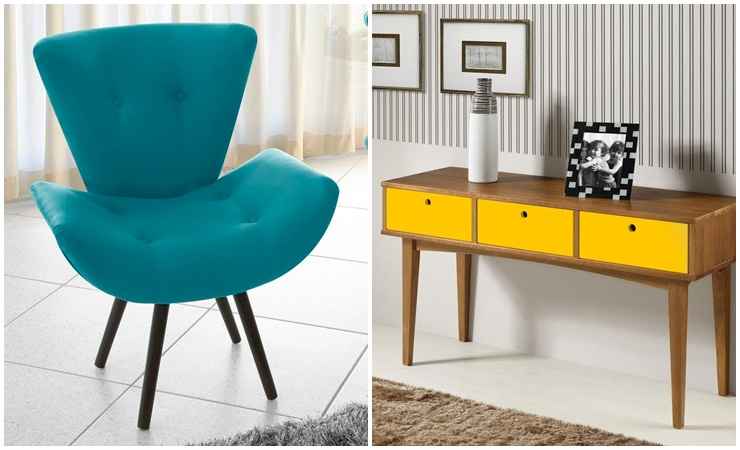 Poltrona decorativa Thaís Suede e aparador vintage amarelo - Mobly/Divulgação