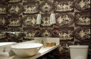 Um tecido estampado nas paredes de um lavabo pequeno: o espelho cai como uma luva no local, dando sensao de amplitude para todos os lados, no projeto assinado pela arquiteta Rene Sbrana